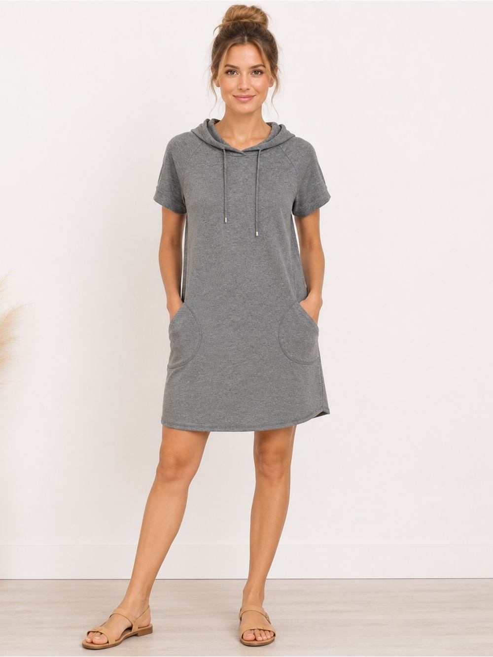 Pure Essence Heather Grey Hooded T-Shirt Dress Women’s Medium Pockets Casual